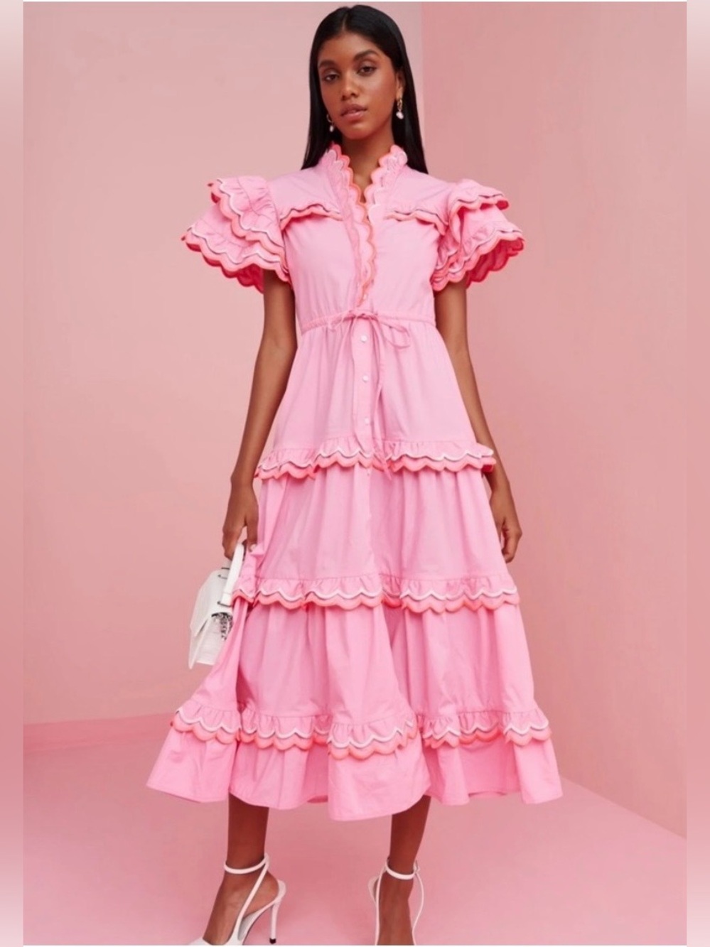 CeliaB Eden pink tiered scalloped midi dress